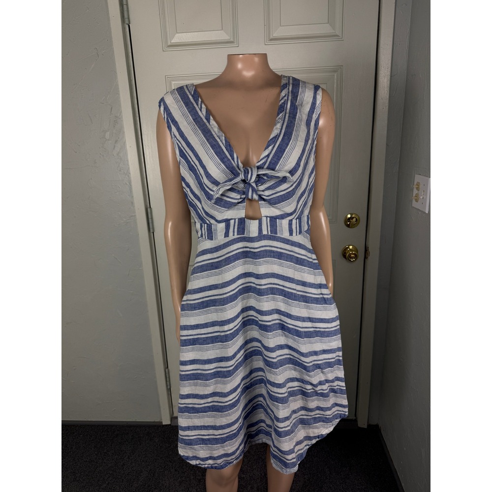 Anthropologie Maeve Bon Vivant Women's Dress 6 Linen Striped Pockets V neck J10